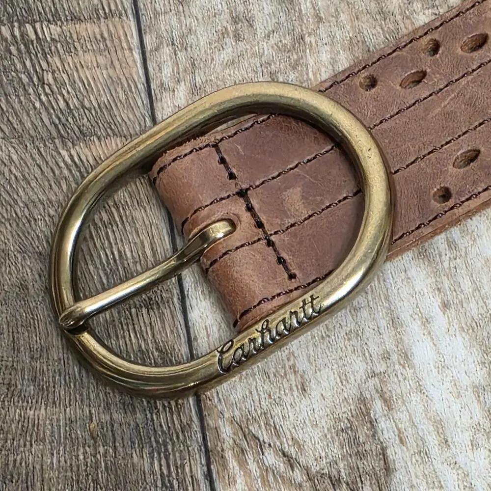 Carhartt Brown Leather Belt XL Perforated Oval Buckle Genuine Cowhide Casual